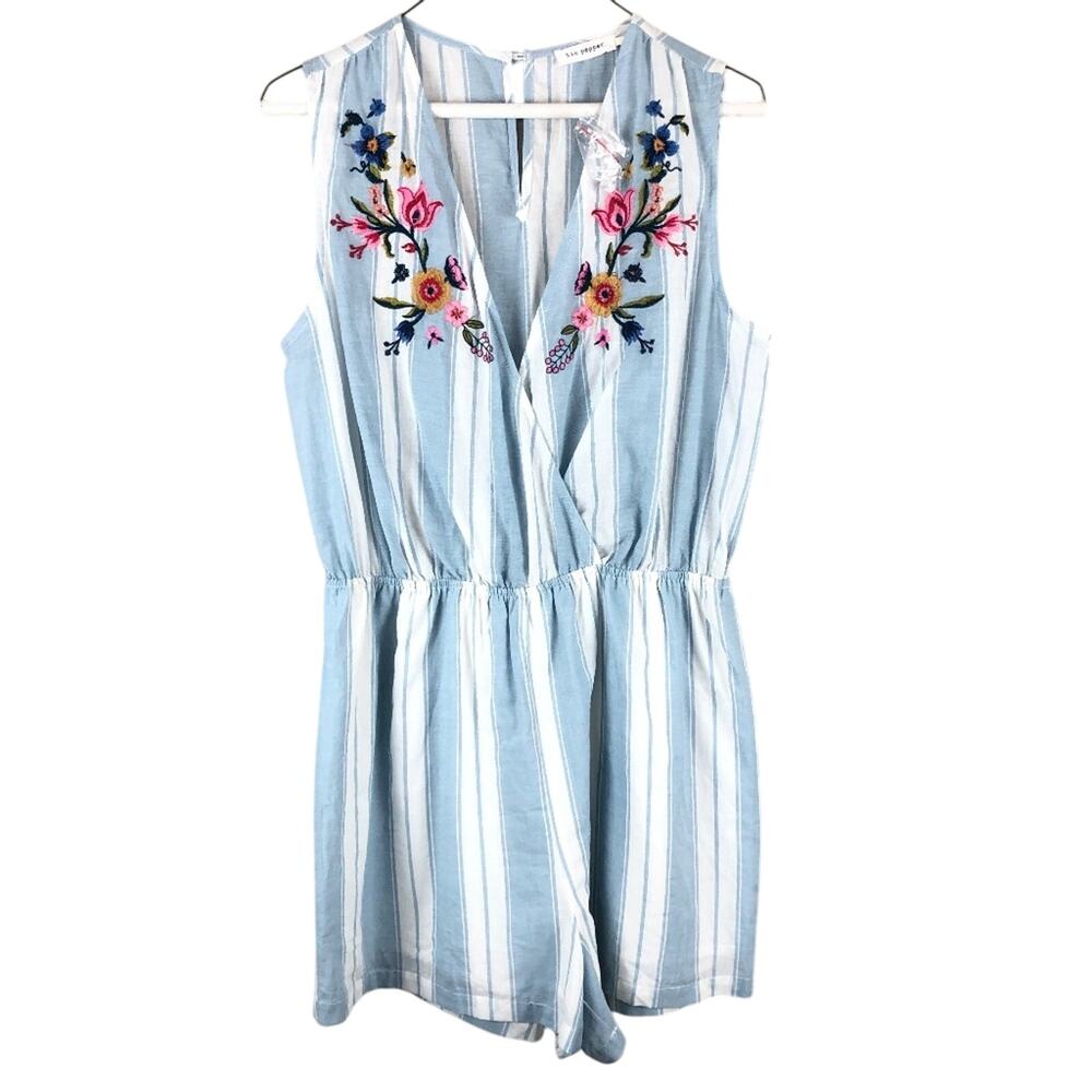 Blu Pepper Blue White Striped Embroidered Floral Deep V Neck Sleeveless Romper